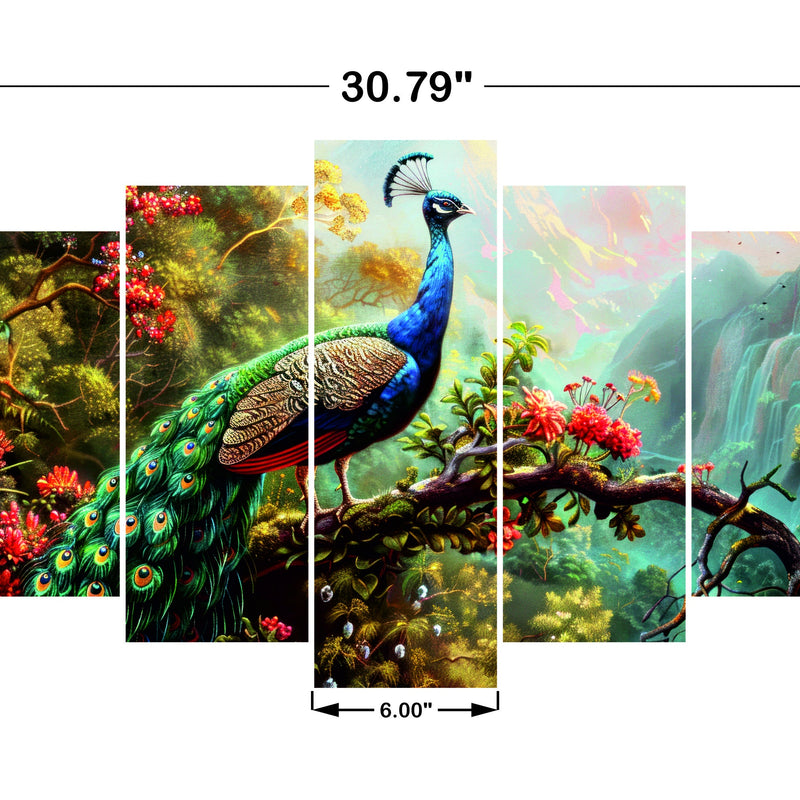 Todfod Peacock Jungle Wall Decor Set of 5 | 18x30.79 Inch MDF Wood Nature Art Plaques for Living Room