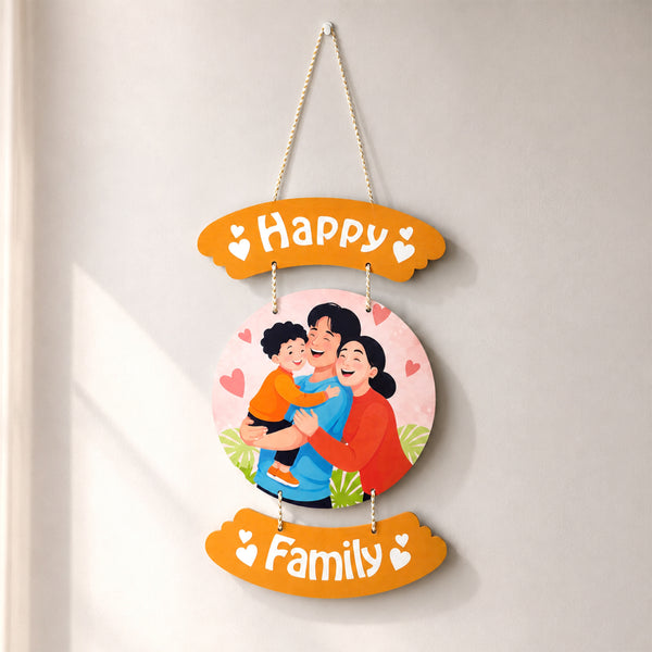 Smaran Happy Family Wooden Wall Hanging Decor | Orange Arc Plaque with Circular Family Illustration | Heartwarming Home Decor for Living Room Bedroom Entrance & Gift