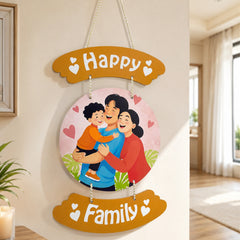 Smaran Happy Family Wooden Wall Hanging Decor | Orange Arc Plaque with Circular Family Illustration | Heartwarming Home Decor for Living Room Bedroom Entrance & Gift