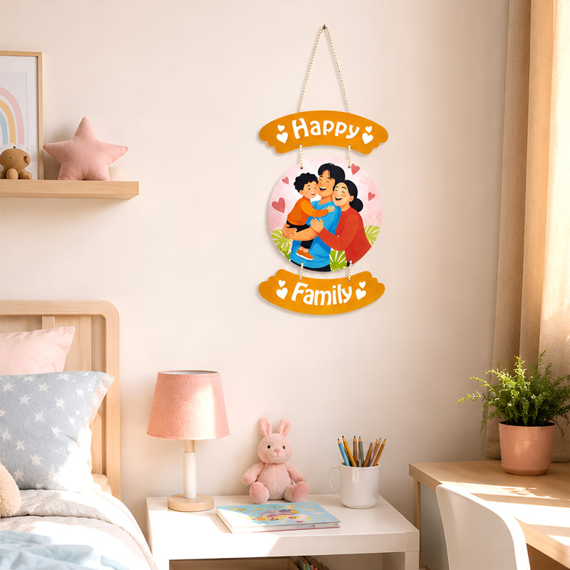 Smaran Happy Family Wooden Wall Hanging Decor | Orange Arc Plaque with Circular Family Illustration | Heartwarming Home Decor for Living Room Bedroom Entrance & Gift