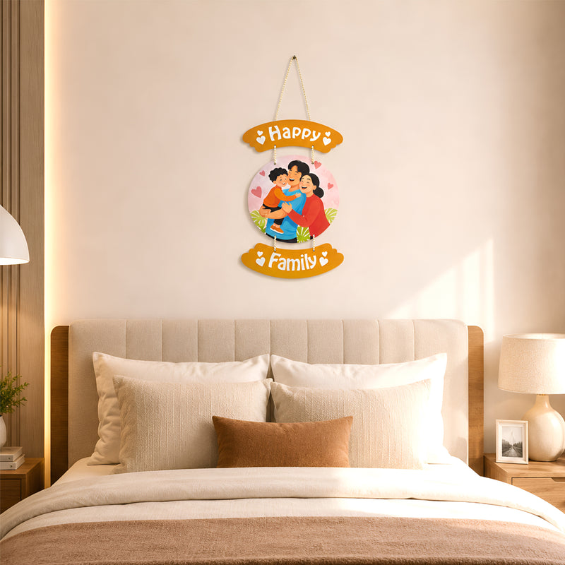 Smaran Happy Family Wooden Wall Hanging Decor | Orange Arc Plaque with Circular Family Illustration | Heartwarming Home Decor for Living Room Bedroom Entrance & Gift