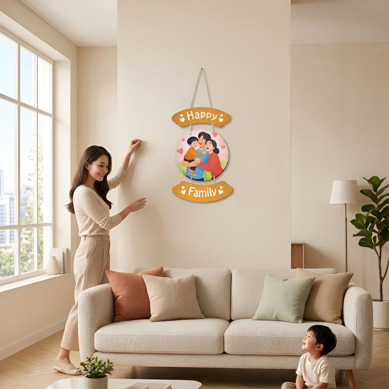 Smaran Happy Family Wooden Wall Hanging Decor | Orange Arc Plaque with Circular Family Illustration | Heartwarming Home Decor for Living Room Bedroom Entrance & Gift