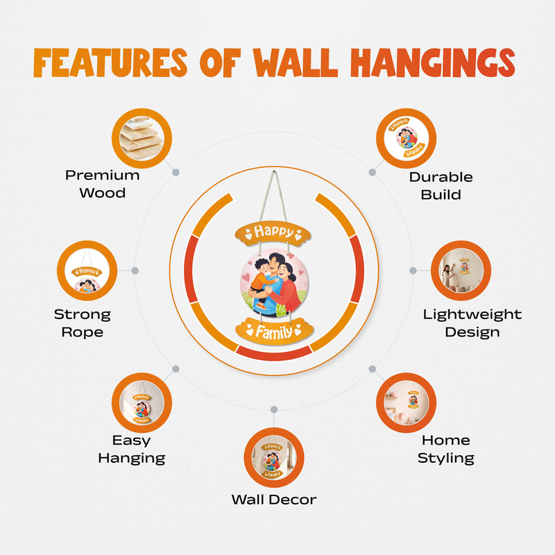 Smaran Happy Family Wooden Wall Hanging Decor | Orange Arc Plaque with Circular Family Illustration | Heartwarming Home Decor for Living Room Bedroom Entrance & Gift