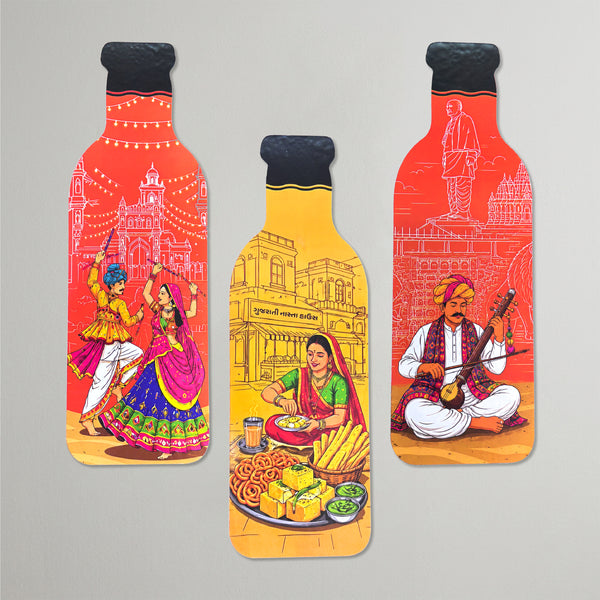 Smaran Heritage Bottle Wooden Wall Hanging Decor Set of 3 | Indian Folk Art Dance Music Plaque | 3.5x10.5 Inch Rustic Sign for Living Room Bedroom & Gift