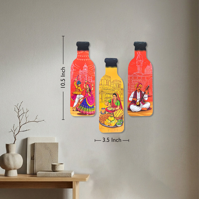Smaran Heritage Bottle Wooden Wall Hanging Decor Set of 3 | Indian Folk Art Dance Music Plaque | 3.5x10.5 Inch Rustic Sign for Living Room Bedroom & Gift - Todfod