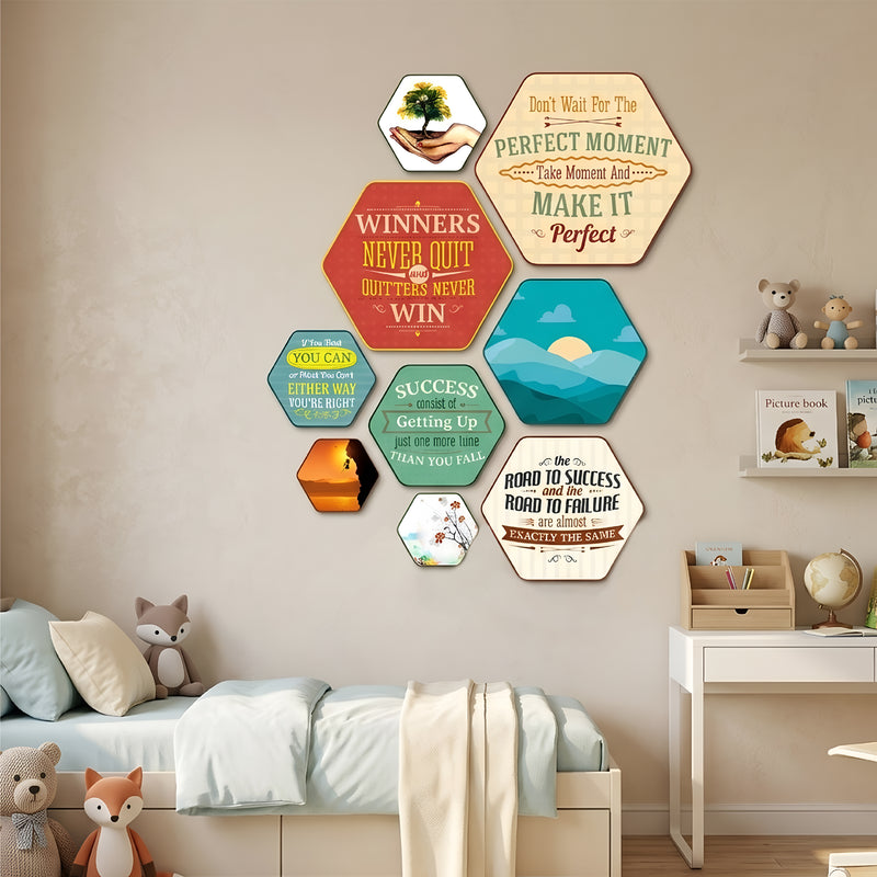 TodFod Motivational Hexagon Wall Hanging Decor Set | Inspiring Quote MDF Wood Plaques for Home & Office