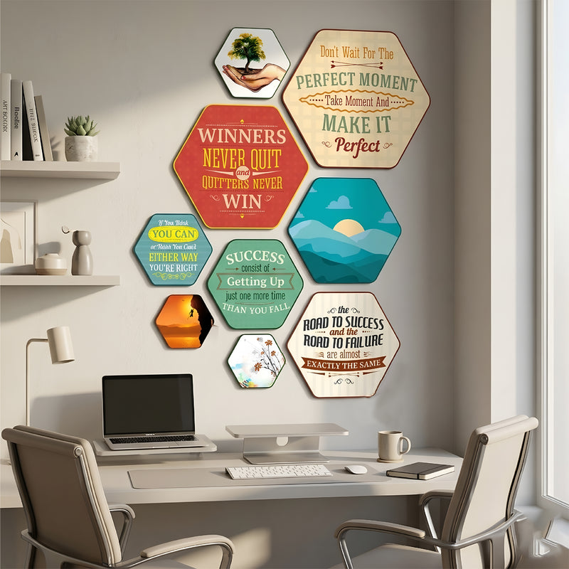 TodFod Motivational Hexagon Wall Hanging Decor Set | Inspiring Quote MDF Wood Plaques for Home & Office