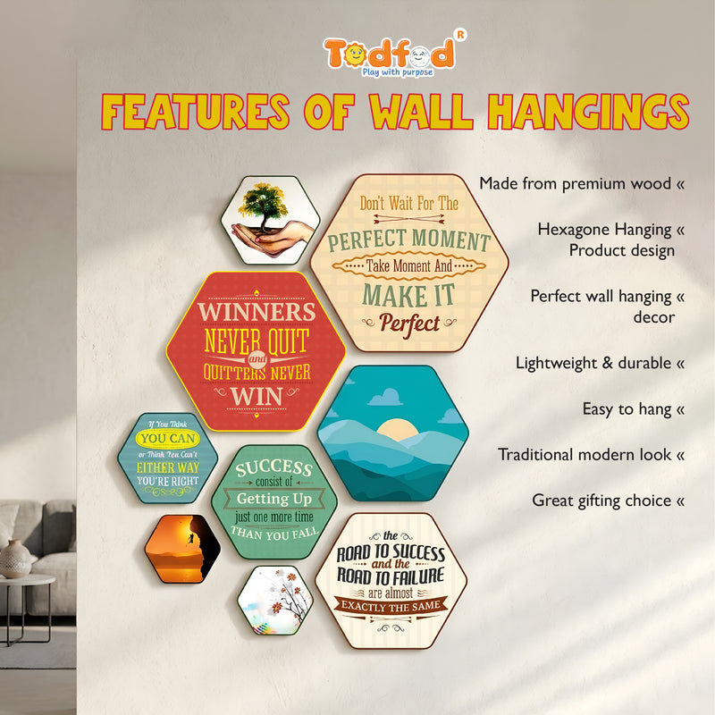 TodFod Motivational Hexagon Wall Hanging Decor Set | Inspiring Quote MDF Wood Plaques for Home & Office