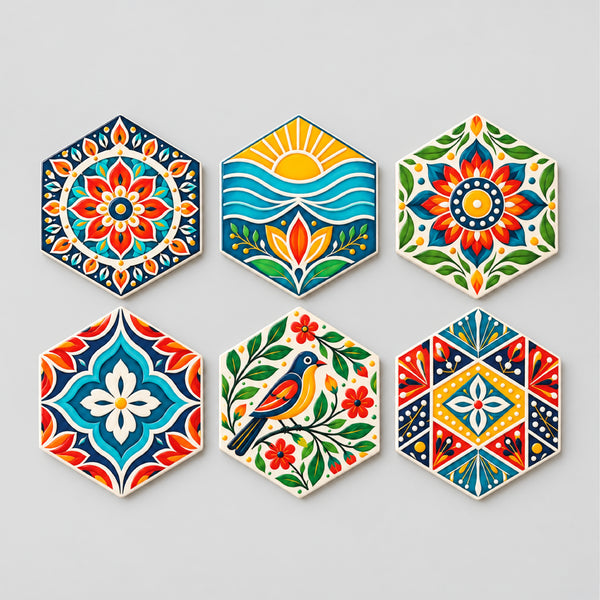 Todfod Hexagon Mandala MDF Coasters Set of 6 | 4 Inch Decorative Geometric Tea Cup and Coffee Mug Coasters | Colourful Printed Table Coasters for Home and Office