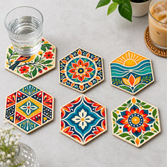 Todfod Hexagon Mandala MDF Coasters Set of 6 | 4 Inch Decorative Geometric Tea Cup and Coffee Mug Coasters | Colourful Printed Table Coasters for Home and Office