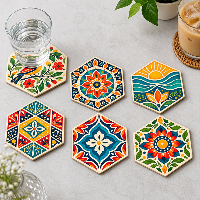 Todfod Hexagon Mandala MDF Coasters Set of 6 | 4 Inch Decorative Geometric Tea Cup and Coffee Mug Coasters | Colourful Printed Table Coasters for Home and Office
