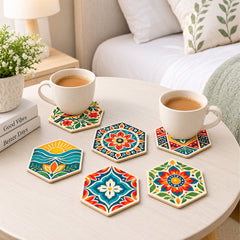 Todfod Hexagon Mandala MDF Coasters Set of 6 | 4 Inch Decorative Geometric Tea Cup and Coffee Mug Coasters | Colourful Printed Table Coasters for Home and Office