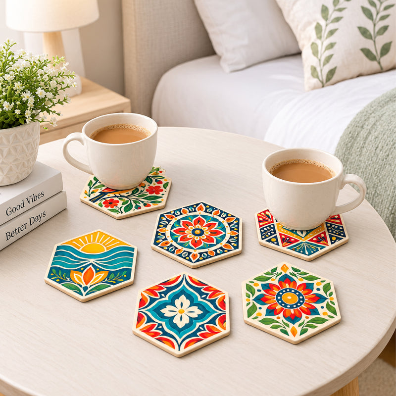 Todfod Hexagon Mandala MDF Coasters Set of 6 | 4 Inch Decorative Geometric Tea Cup and Coffee Mug Coasters | Colourful Printed Table Coasters for Home and Office