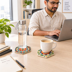 Todfod Hexagon Mandala MDF Coasters Set of 6 | 4 Inch Decorative Geometric Tea Cup and Coffee Mug Coasters | Colourful Printed Table Coasters for Home and Office