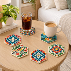 Todfod Hexagon Mandala MDF Coasters Set of 6 | 4 Inch Decorative Geometric Tea Cup and Coffee Mug Coasters | Colourful Printed Table Coasters for Home and Office