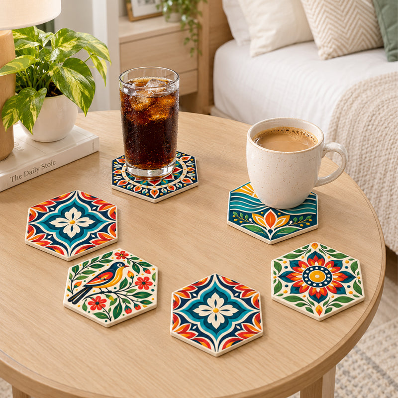 Todfod Hexagon Mandala MDF Coasters Set of 6 | 4 Inch Decorative Geometric Tea Cup and Coffee Mug Coasters | Colourful Printed Table Coasters for Home and Office