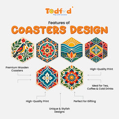 Todfod Hexagon Mandala MDF Coasters Set of 6 | 4 Inch Decorative Geometric Tea Cup and Coffee Mug Coasters | Colourful Printed Table Coasters for Home and Office
