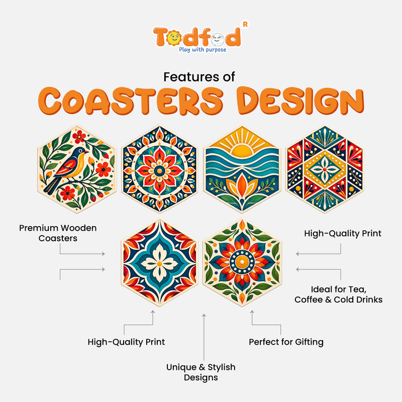 Todfod Hexagon Mandala MDF Coasters Set of 6 | 4 Inch Decorative Geometric Tea Cup and Coffee Mug Coasters | Colourful Printed Table Coasters for Home and Office