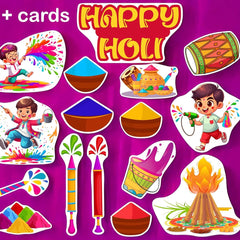 Set of 'Happy Holi' themed cards with illustrations on a purple background