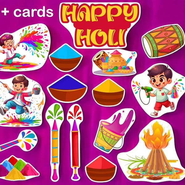 Set of 'Happy Holi' themed cards with illustrations on a purple background