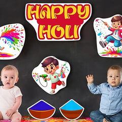 Children playing with colorful powder and holding toys with 'Happy Holi' text on a dark background.