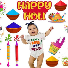Baby in a 'Happy Holi Let's Dabba' onesie surrounded by Holi-themed illustrations and objects.