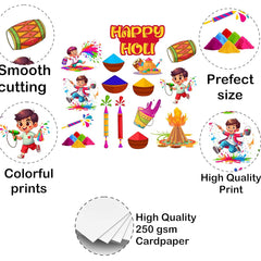 Promotional image of Holi-themed products with text highlighting features like smooth cutting, perfect size, colorful prints, and high-quality print on 250 gsm cardpaper.