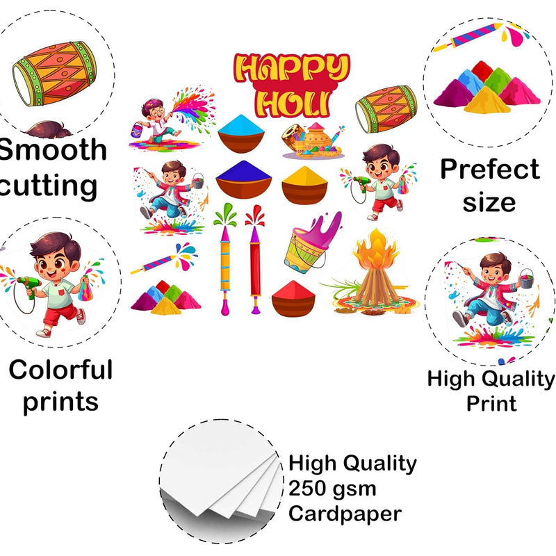 Promotional image of Holi-themed products with text highlighting features like smooth cutting, perfect size, colorful prints, and high-quality print on 250 gsm cardpaper.