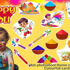 Child with colorful face paint against a Holi-themed card with illustrations and text.