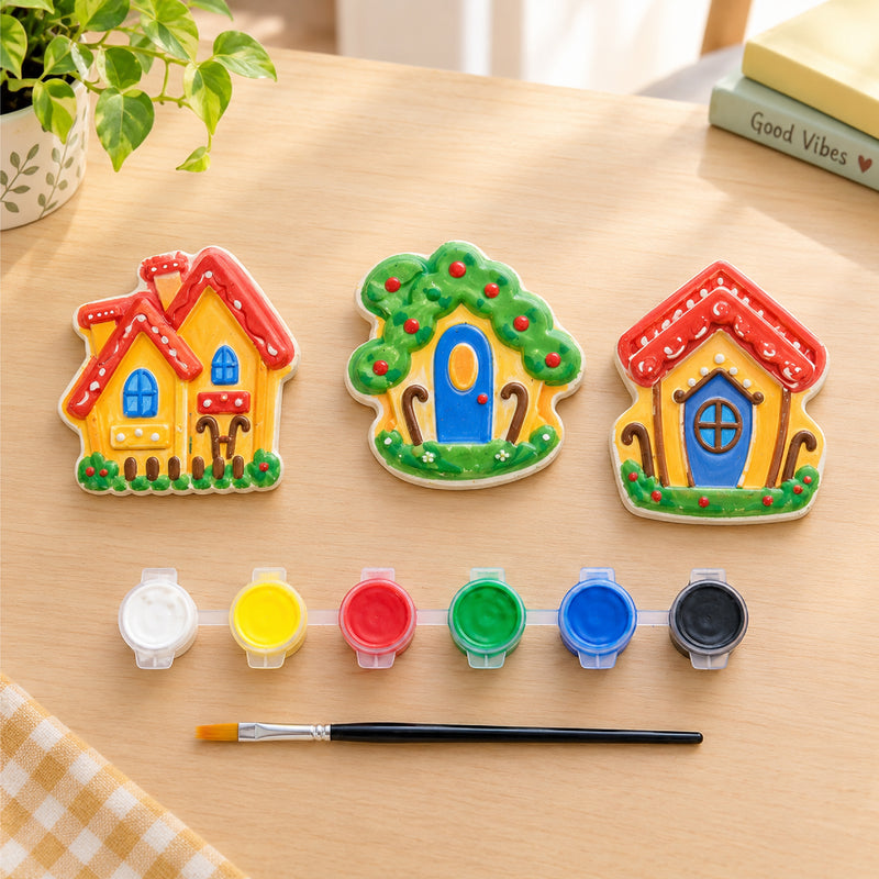 Todfod DIY House Painting Kit for Kids, Set of 3 White House Shaped Painting Figures with 6 Paint Colors and Brush, Creative Art and Craft Activity