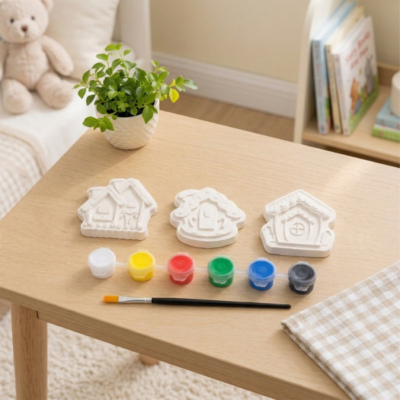 Todfod DIY House Painting Kit for Kids, Set of 3 White House Shaped Painting Figures with 6 Paint Colors and Brush, Creative Art and Craft Activity