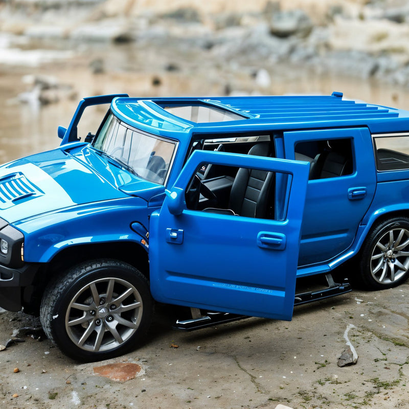 Blue toy SUV with open door on a textured surface