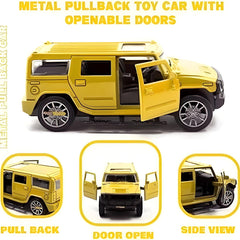Yellow toy car with openable doors on a white background