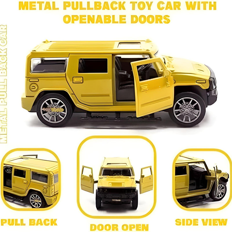Yellow toy car with openable doors on a white background