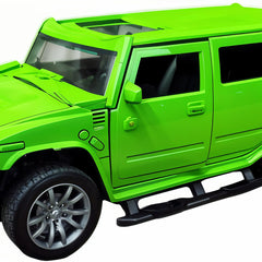 Green toy SUV on a white background