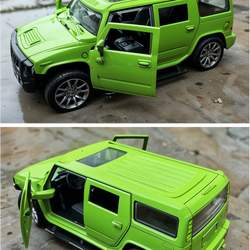 Green toy SUV model with open doors on a concrete surface