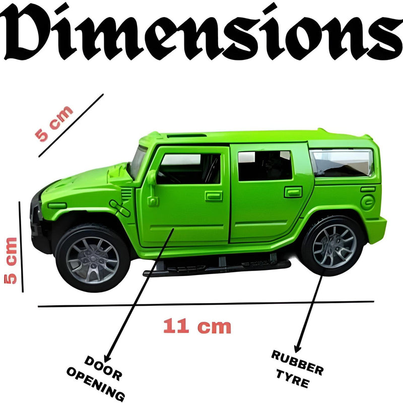 Green toy car with measurements on a white background