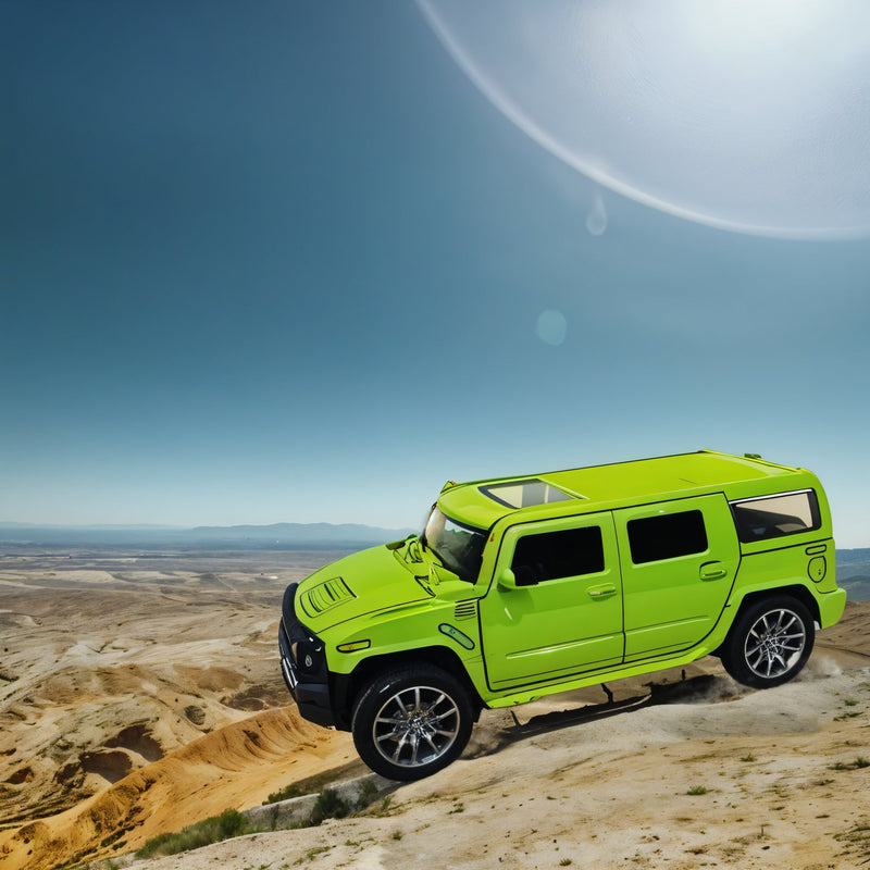 Green SUV on a desert landscape with clear blue sky