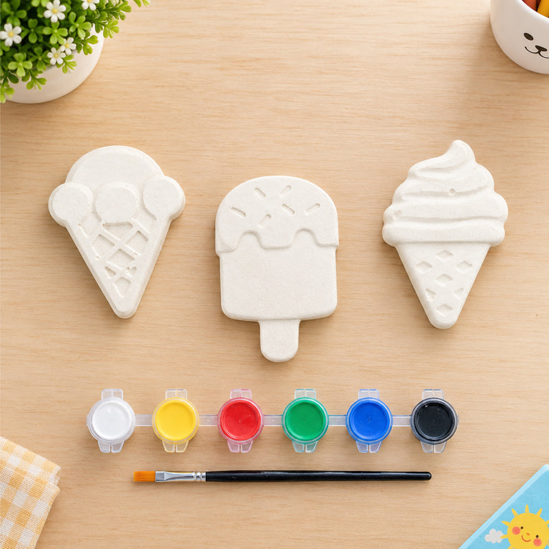 Todfod DIY Plaster Painting Kit for Kids, Ice Cream Shapes Art and Craft Set with 3 Figures, 6 Paint Colours and 1 Paintbrush