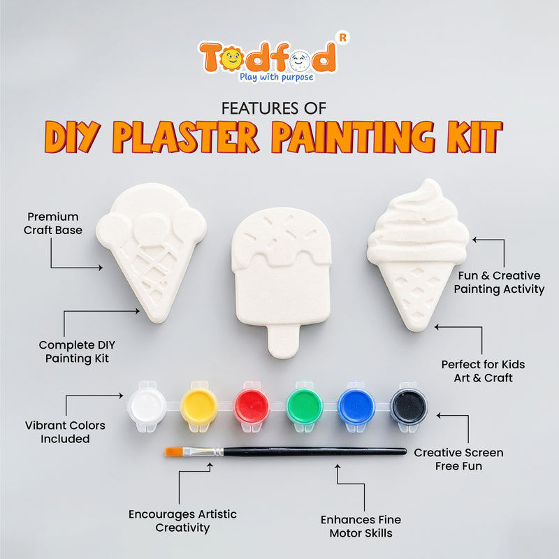 Todfod DIY Plaster Painting Kit for Kids, Ice Cream Shapes Art and Craft Set with 3 Figures, 6 Paint Colours and 1 Paintbrush