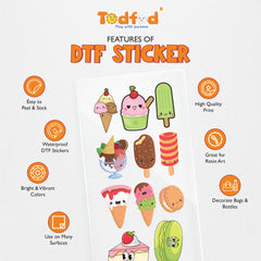 TodFod Cute Ice Cream DTF Heat Transfer Sticker Sheet | Adorable Ice Cream & Dessert Cartoon Iron-On Transfers for T-Shirts, Clothes, Bags & Fabric DIY Crafts | 11 x 4 Inch