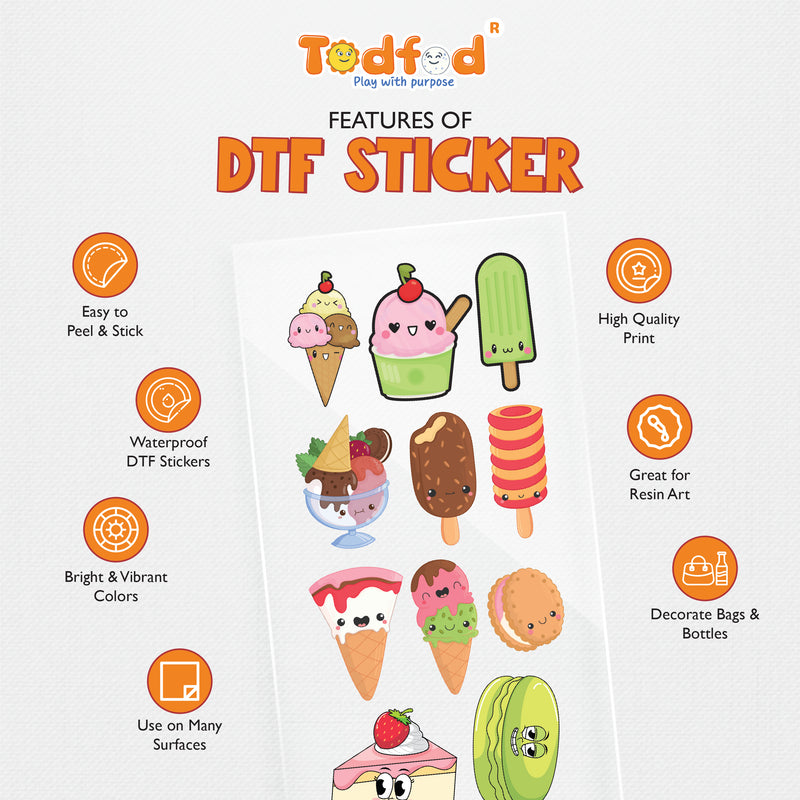 TodFod Cute Ice Cream DTF Heat Transfer Sticker Sheet | Adorable Ice Cream & Dessert Cartoon Iron-On Transfers for T-Shirts, Clothes, Bags & Fabric DIY Crafts | 11 x 4 Inch