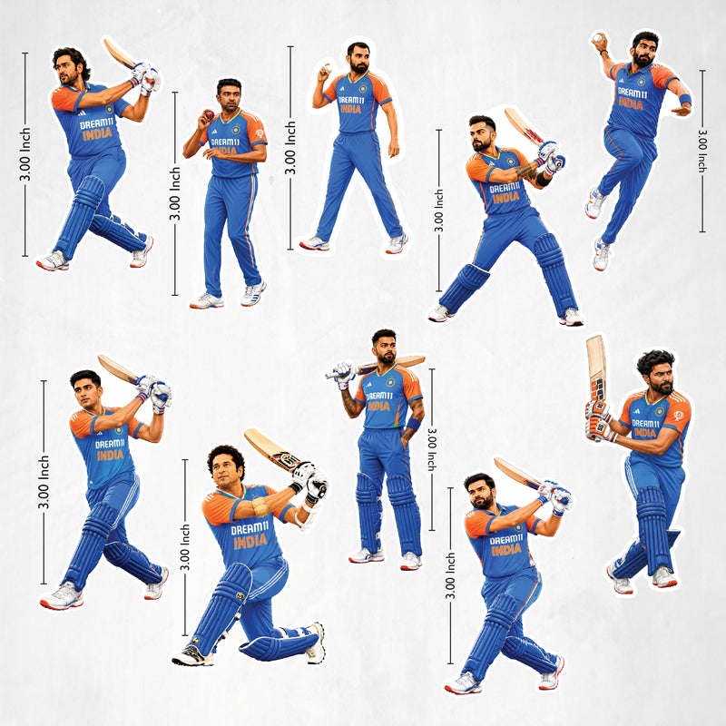 TodFod Indian Cricketers Fridge Magnet Set of 10 | 3 Inch Dream11 India Team Batting & Bowling MDF Wood Magnets