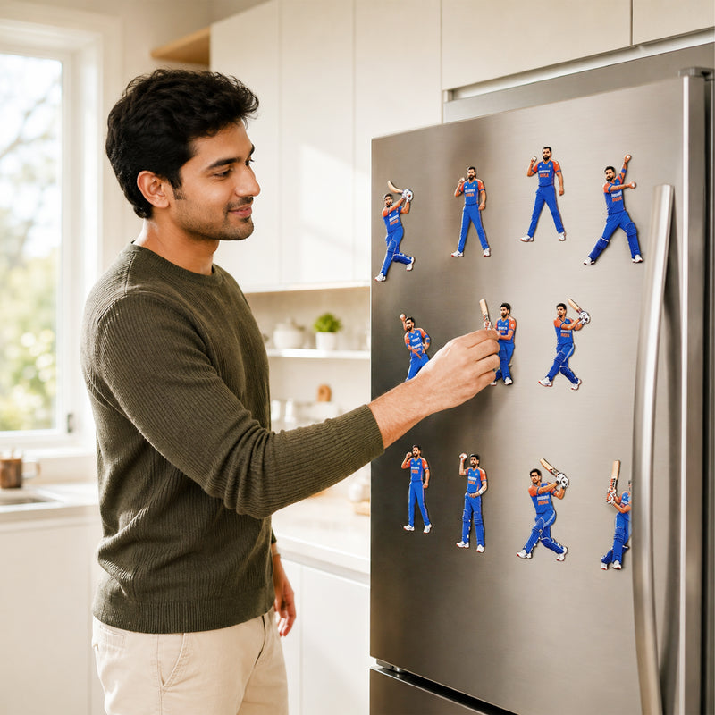 TodFod Indian Cricketers Fridge Magnet Set of 10 | 3 Inch Dream11 India Team Batting & Bowling MDF Wood Magnets