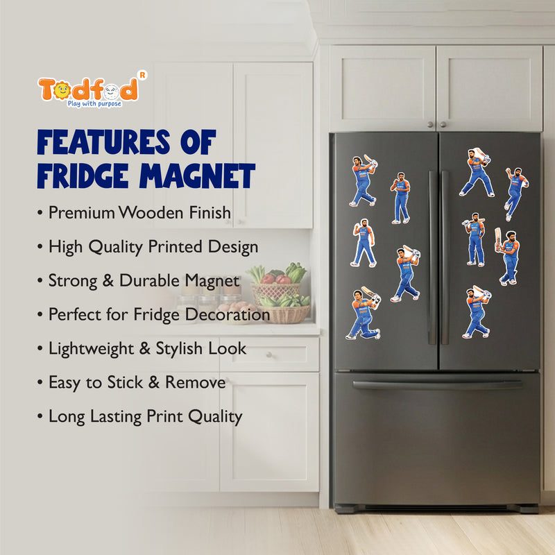 TodFod Indian Cricketers Fridge Magnet Set of 10 | 3 Inch Dream11 India Team Batting & Bowling MDF Wood Magnets