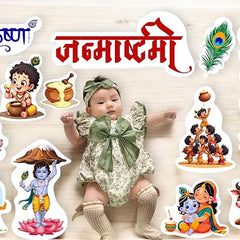 Baby surrounded by stickers of deities and symbols on a light wooden background