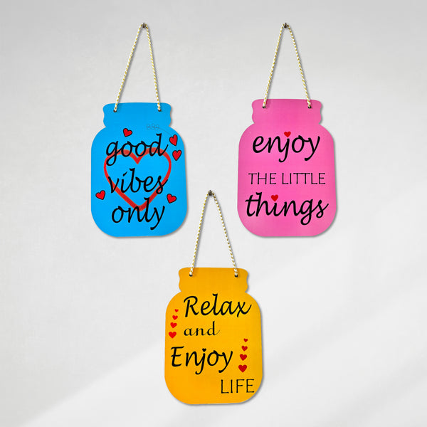 Smaran Jar Shaped Wooden Wall Hanging Sign Set | Good Vibes Only Enjoy Little Things Relax Life | 5x7 Inch Rustic Farmhouse Boho Plaque for Living Room Bedroom Home Decor