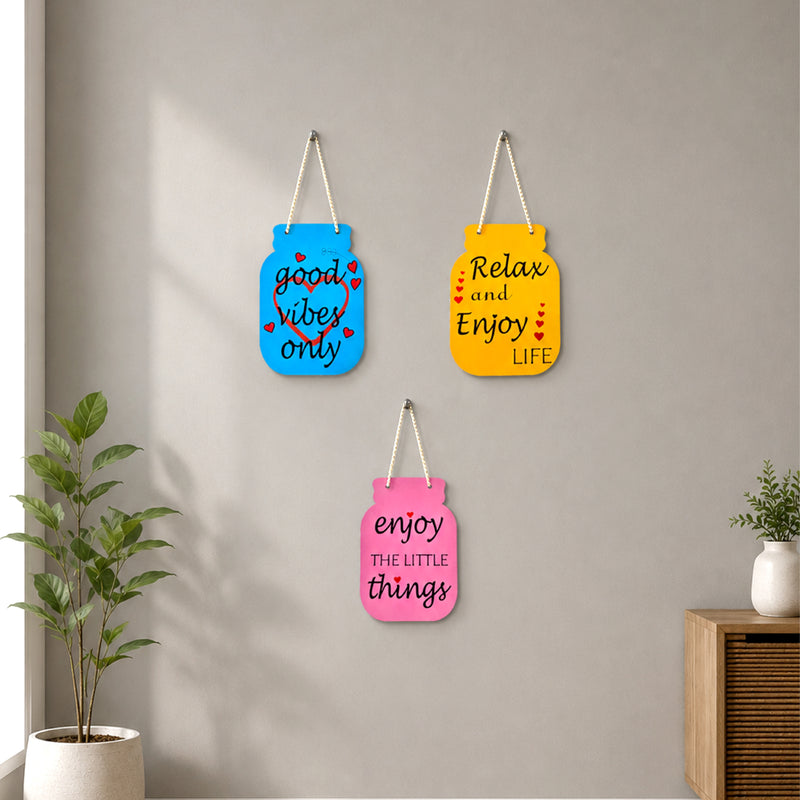 Smaran Jar Shaped Wooden Wall Hanging Sign Set | Good Vibes Only Enjoy Little Things Relax Life | 5x7 Inch Rustic Farmhouse Boho Plaque for Living Room Bedroom Home Decor