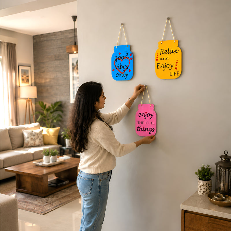 Smaran Jar Shaped Wooden Wall Hanging Sign Set | Good Vibes Only Enjoy Little Things Relax Life | 5x7 Inch Rustic Farmhouse Boho Plaque for Living Room Bedroom Home Decor