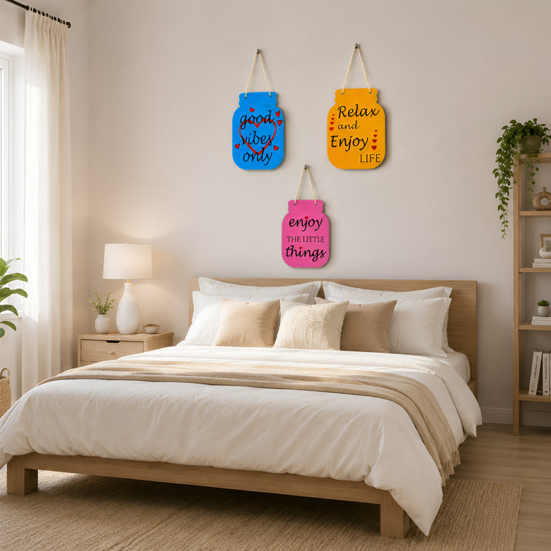 Smaran Jar Shaped Wooden Wall Hanging Sign Set | Good Vibes Only Enjoy Little Things Relax Life | 5x7 Inch Rustic Farmhouse Boho Plaque for Living Room Bedroom Home Decor